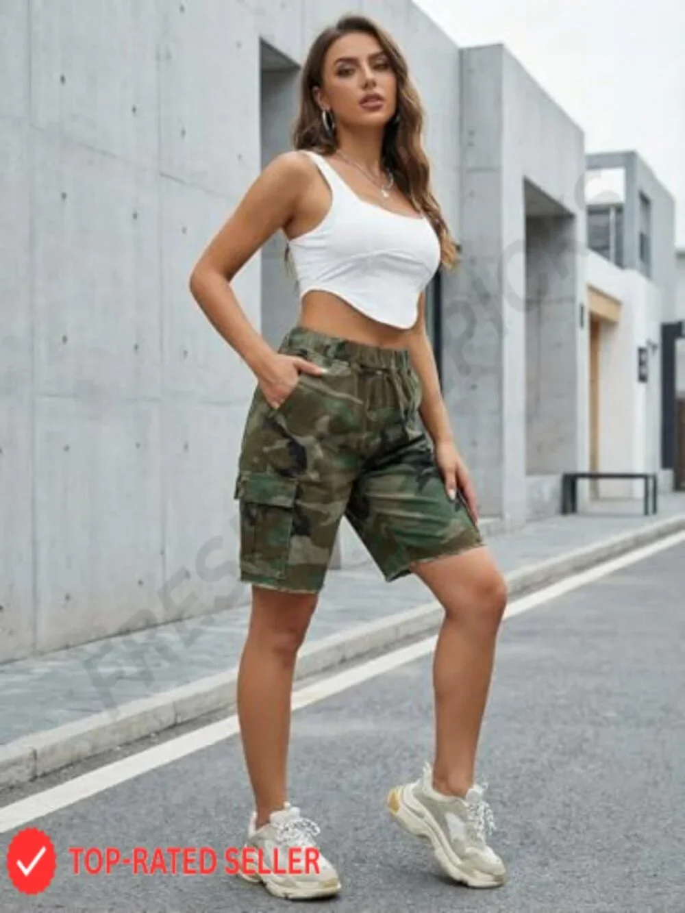 Women's Camo Cargo Bermuda Shorts Streetwear with Flap Pockets Elastic Waist